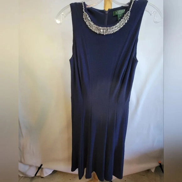 Lauren Ralph Lauren Navy Blue Dress Size  4 Beaded Fit and Flare - Picture 2 of 7
